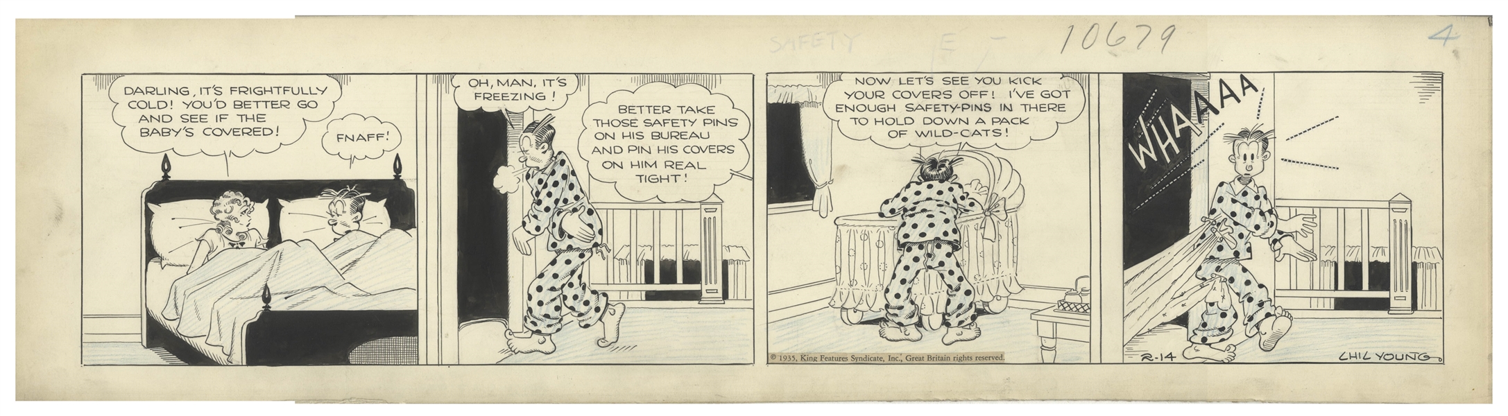 Chic Young Hand-Drawn ''Blondie'' Comic Strip From 1935 Titled ''Under Cover Man'' -- Dagwood Tries to Keep Baby Dumpling Warm